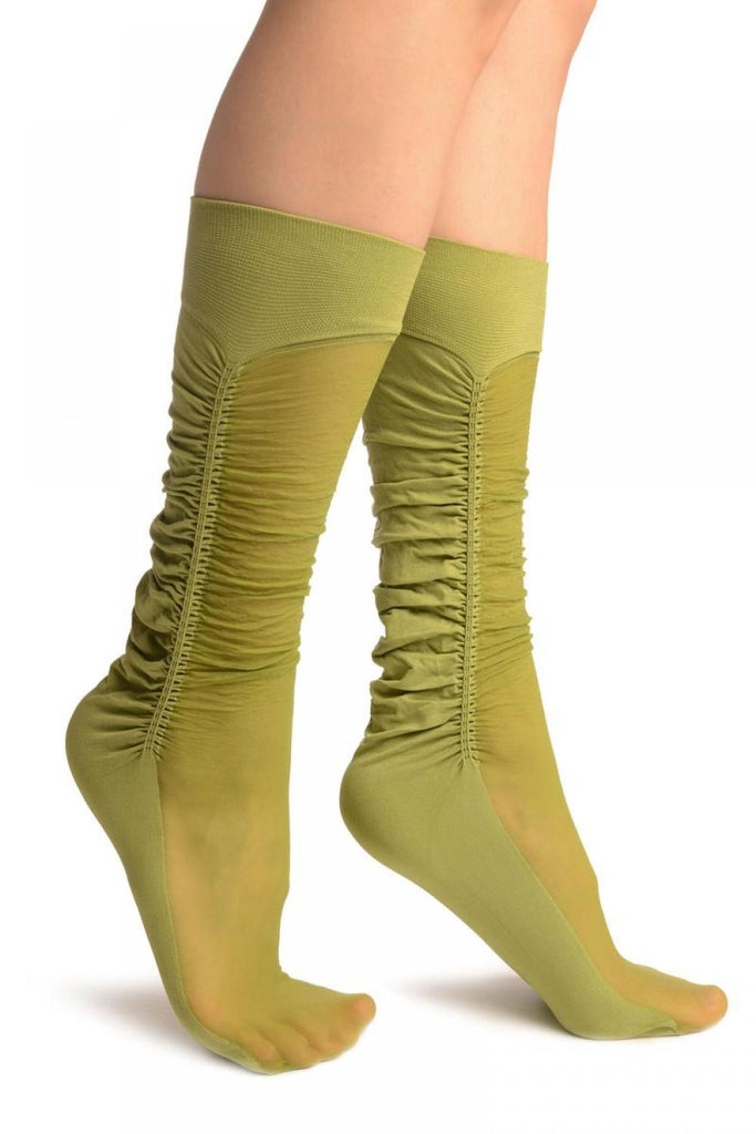liss kiss Olive Green Sheer & Opaque Sides Socks Knee High - Socks