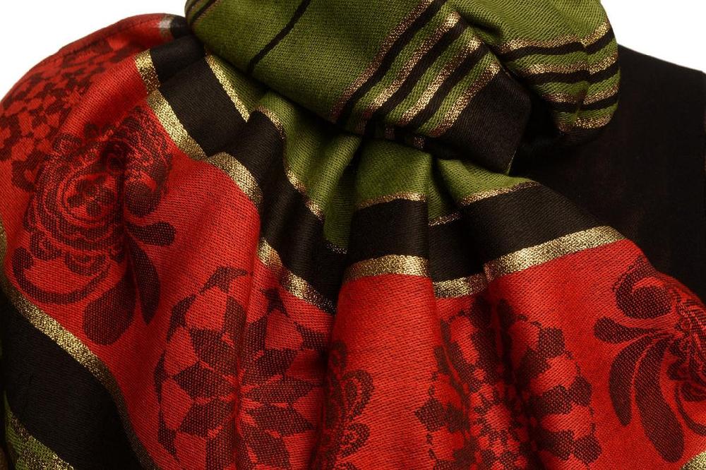 Liss Kiss Olive Green Stripes & Gold Lurex Pashmina With Tassels - Scarf