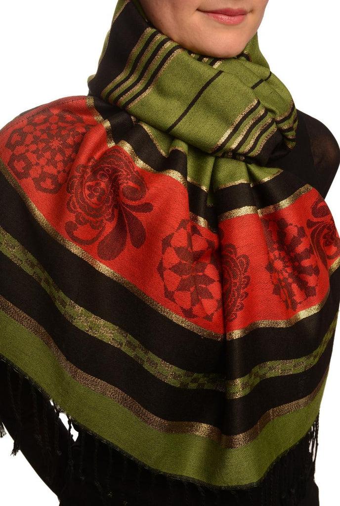 Liss Kiss Olive Green Stripes & Gold Lurex Pashmina With Tassels - Scarf