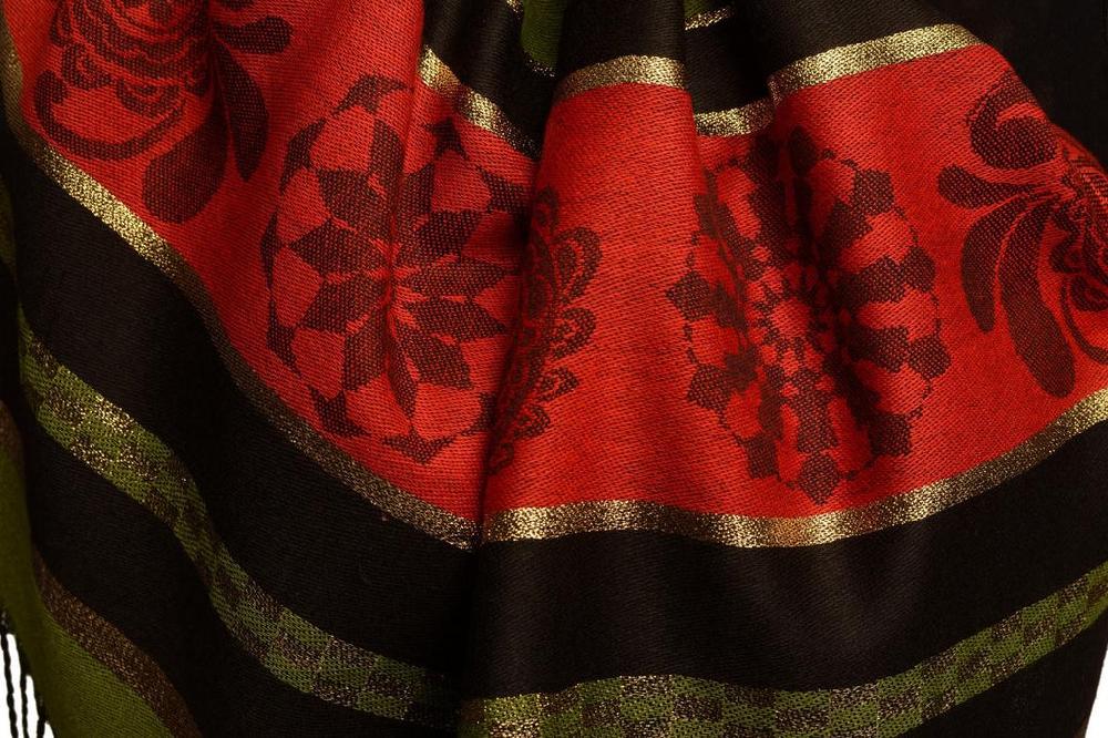 Liss Kiss Olive Green Stripes & Gold Lurex Pashmina With Tassels - Scarf