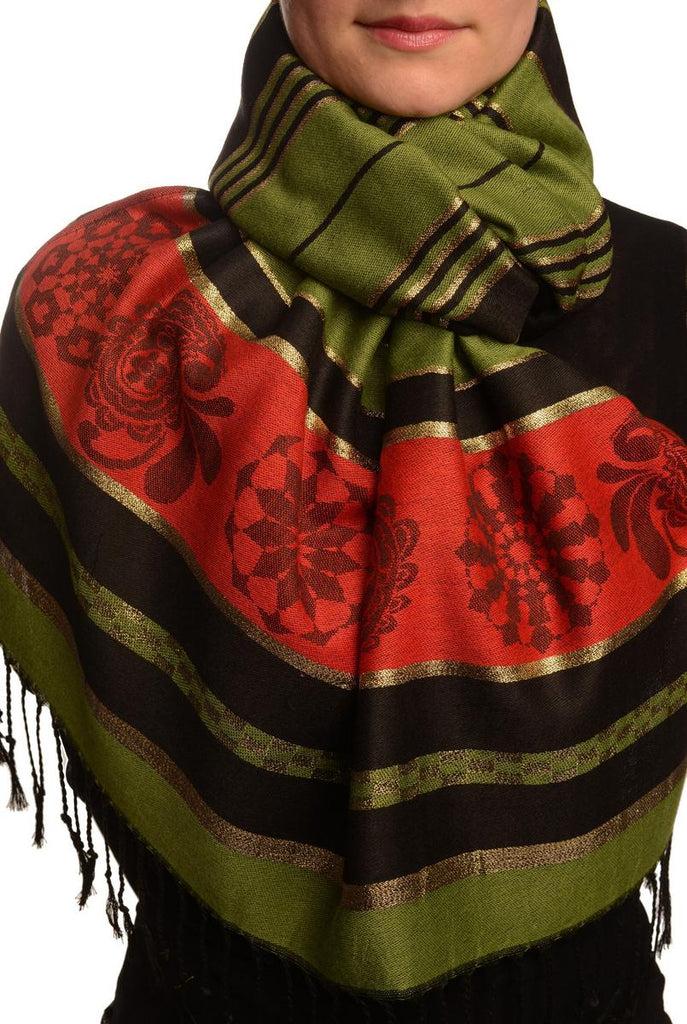 liss kiss Olive Green Stripes & Gold Lurex Pashmina With Tassels - Scarf