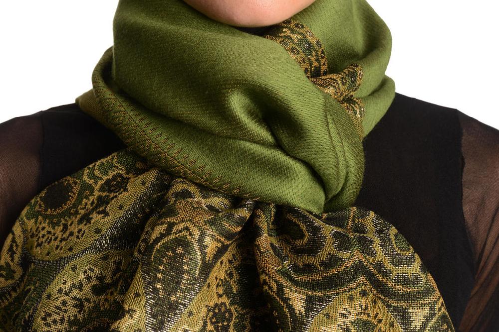 Liss Kiss Olive Green With Lurex Ornaments Pashmina With Tassels - Scarf