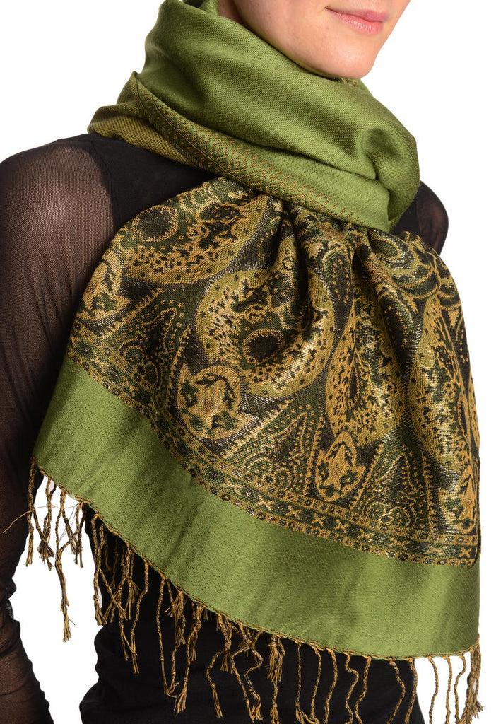 Liss Kiss Olive Green With Lurex Ornaments Pashmina With Tassels - Scarf