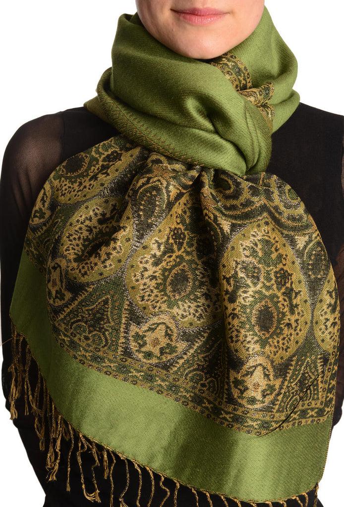 liss kiss Olive Green With Lurex Ornaments Pashmina With Tassels - Scarf