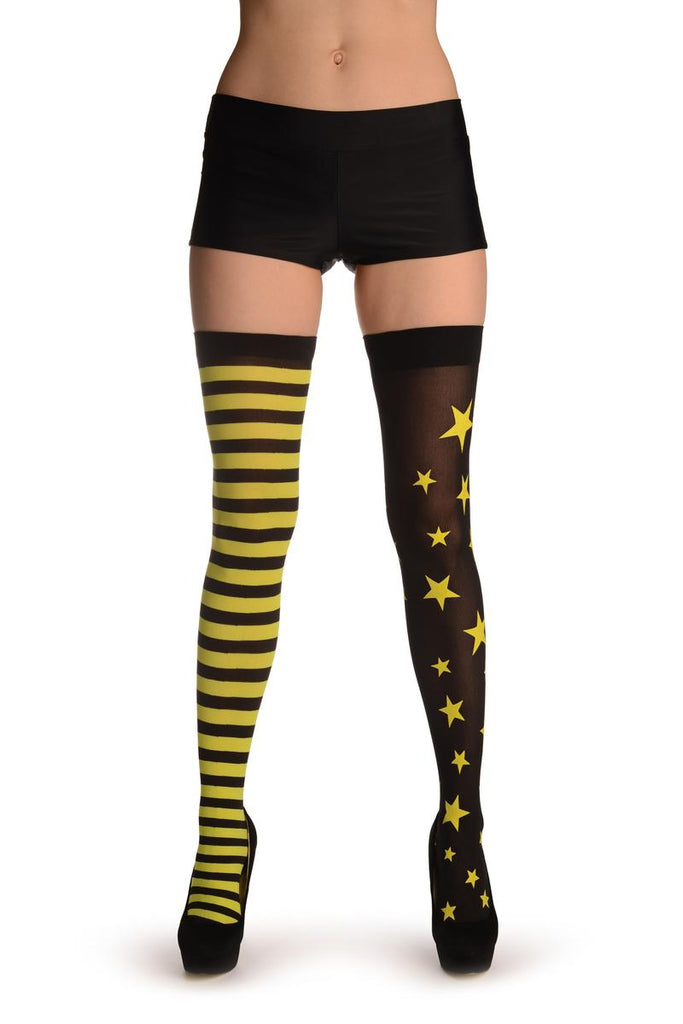 Liss Kiss One Leg With Starts & One Leg With Neon Yellow Stripes - Hold Ups