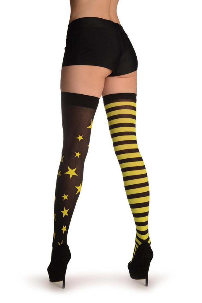 Liss Kiss One Leg With Starts & One Leg With Neon Yellow Stripes - Hold Ups
