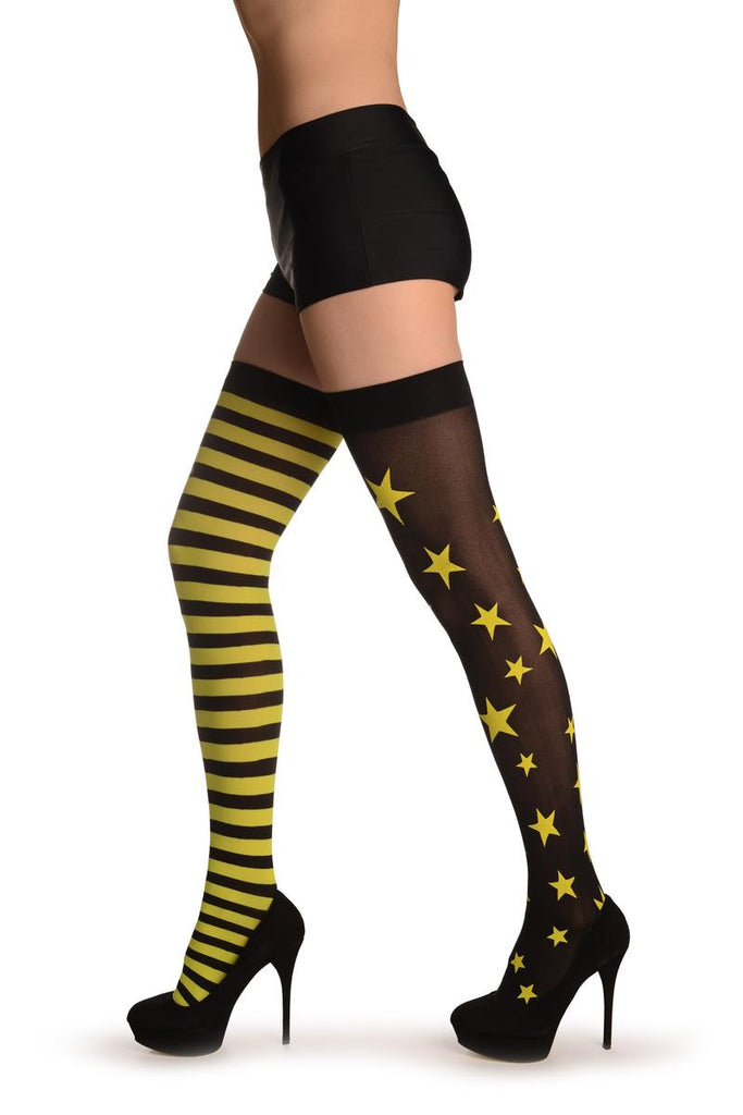 Liss Kiss One Leg With Starts & One Leg With Neon Yellow Stripes - Hold Ups