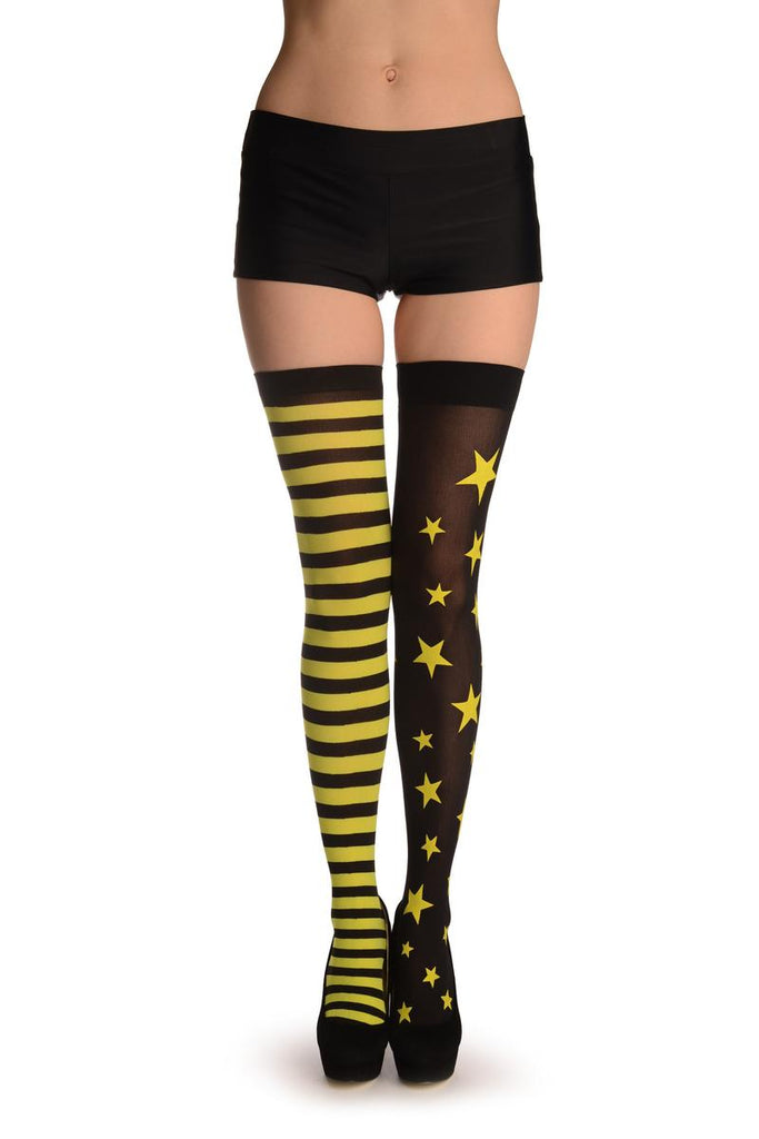liss kiss One Leg With Starts & One Leg With Neon Yellow Stripes - Hold Ups