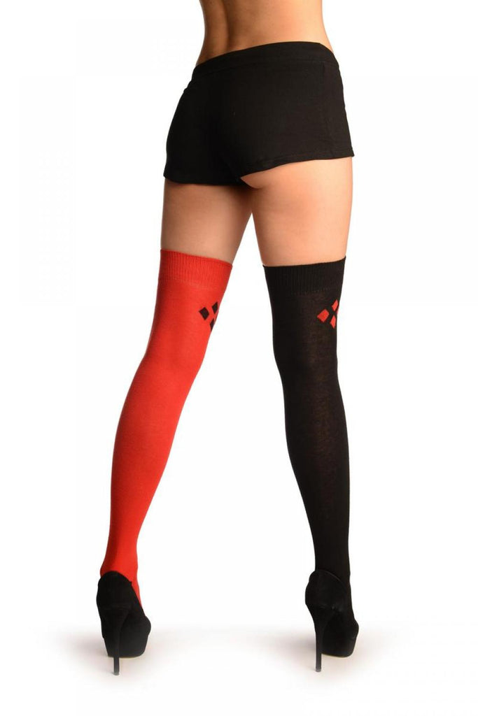 Liss Kiss One Red & One Black With Reversed Tiles & Heels Over The Knee Socks - Over The Knee Socks