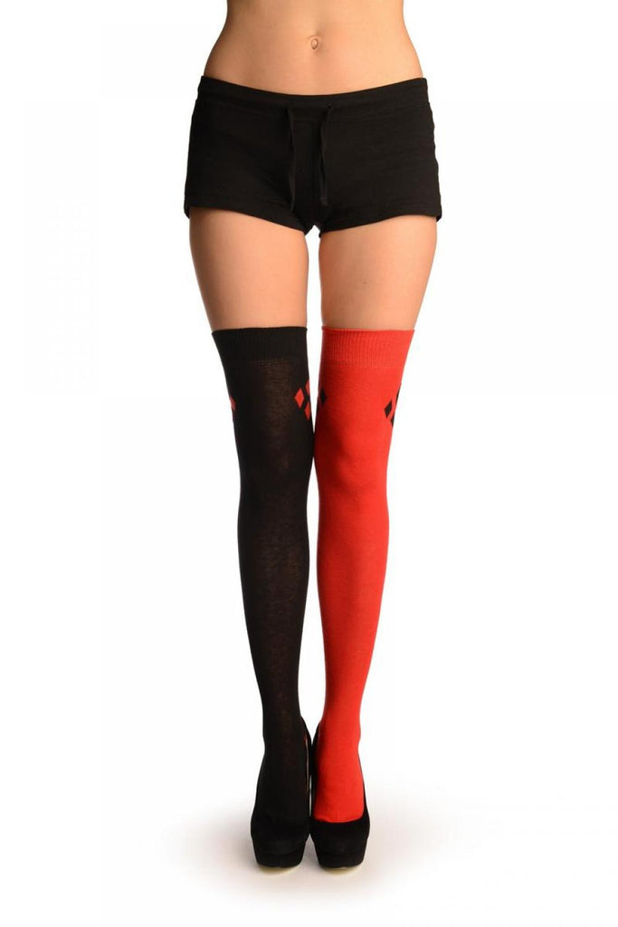 Liss Kiss One Red & One Black With Reversed Tiles & Heels Over The Knee Socks - Over The Knee Socks