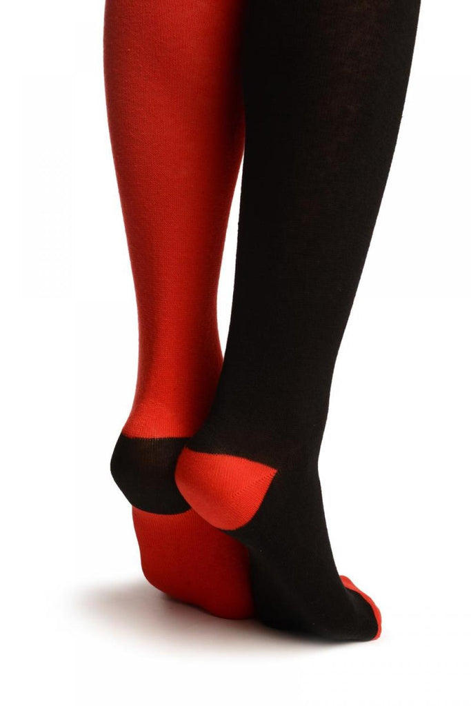 Liss Kiss One Red & One Black With Reversed Tiles & Heels Over The Knee Socks - Over The Knee Socks
