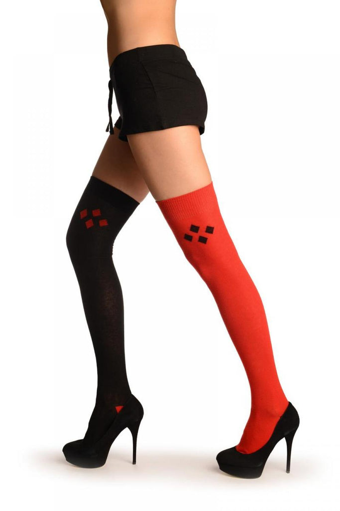 liss kiss One Red & One Black With Reversed Tiles & Heels Over The Knee Socks - Over The Knee Socks