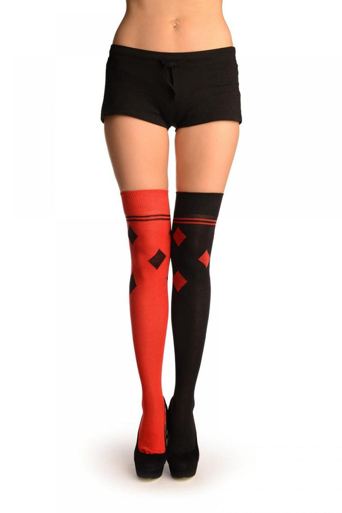 Liss Kiss One Red & One Black With Reversed Tiles & Stripes Over The Knee Socks - Over The Knee Socks