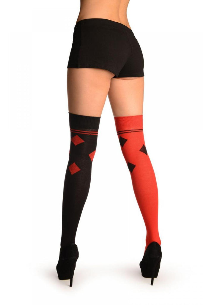 Liss Kiss One Red & One Black With Reversed Tiles & Stripes Over The Knee Socks - Over The Knee Socks