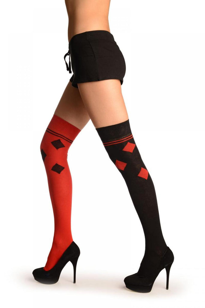liss kiss One Red & One Black With Reversed Tiles & Stripes Over The Knee Socks - Over The Knee Socks