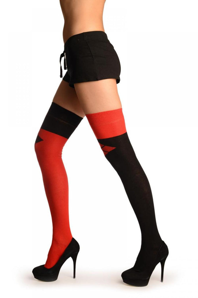 Liss Kiss One Red & One Black With Reversed Tiles & Tops Over The Knee Socks - Over The Knee Socks