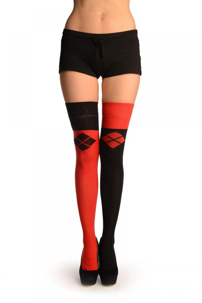 liss kiss One Red & One Black With Reversed Tiles & Tops Over The Knee Socks - Over The Knee Socks