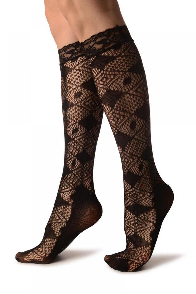 Liss Kiss Opaque & Mesh Diamonds Black Lace Knee High Socks - Socks