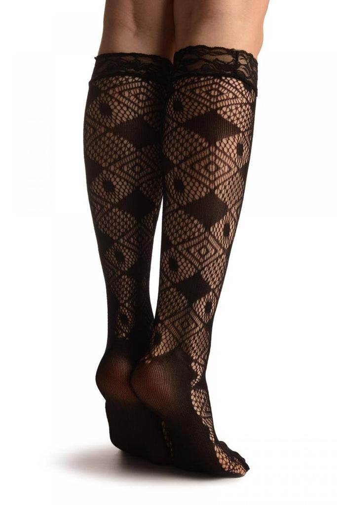 Liss Kiss Opaque & Mesh Diamonds Black Lace Knee High Socks - Socks