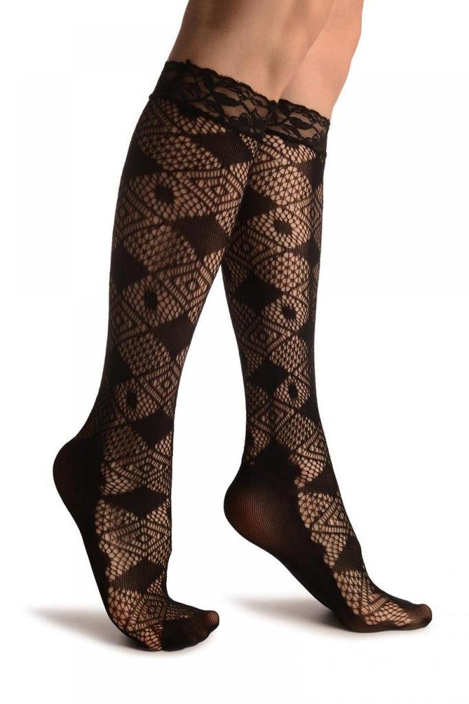 liss kiss Opaque & Mesh Diamonds Black Lace Knee High Socks - Socks