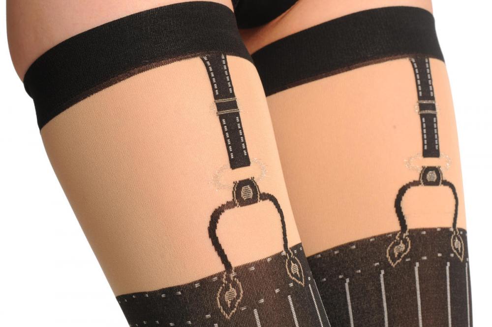 Liss Kiss Opaque Pinstriped With Faux Suspenders & Silver Lurex - Stockings