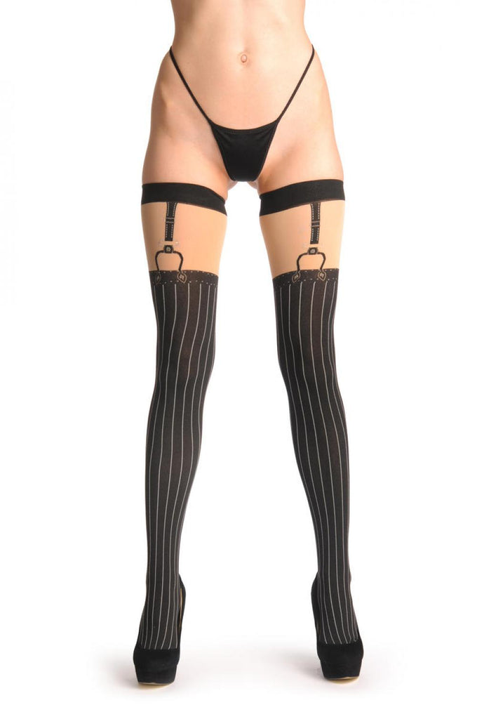 liss kiss Opaque Pinstriped With Faux Suspenders & Silver Lurex - Stockings