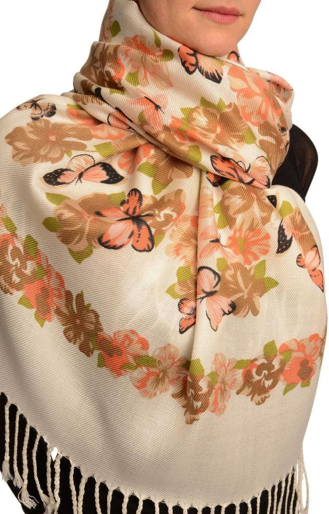 Liss Kiss Orange Butterflies & Flowers On White Pashmina Feel With Tassels - Scarf