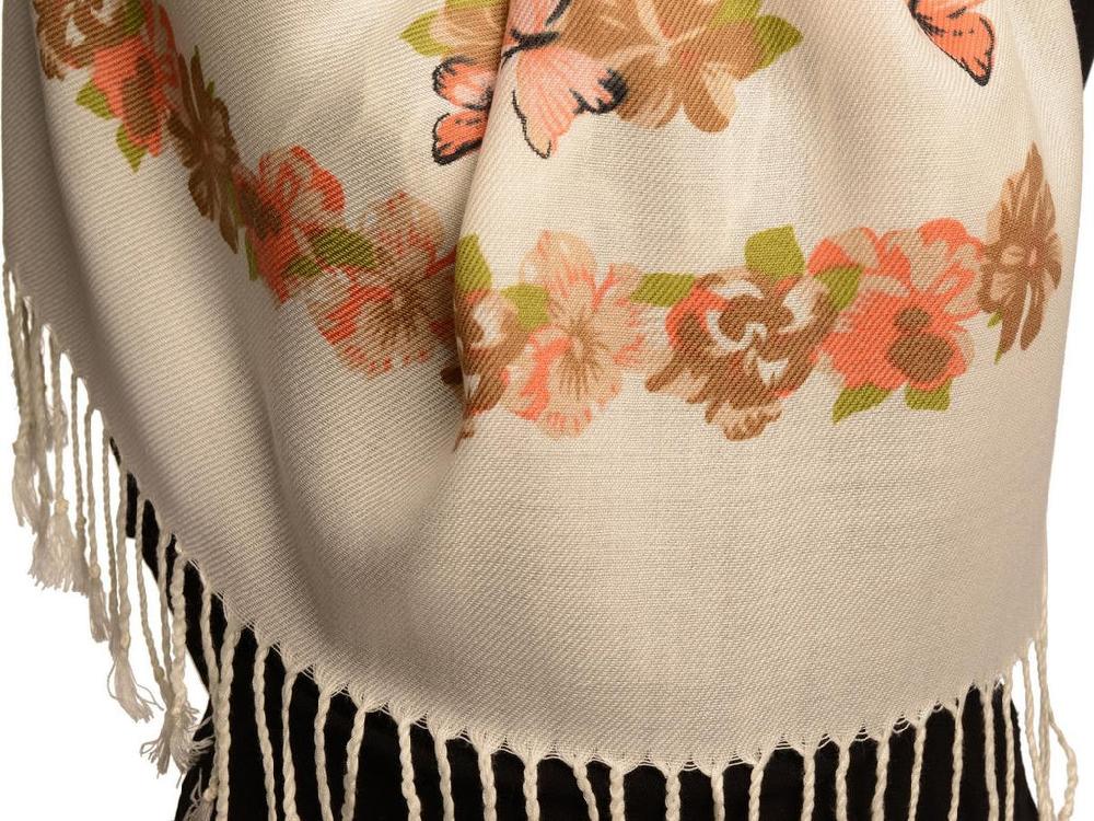 Liss Kiss Orange Butterflies & Flowers On White Pashmina Feel With Tassels - Scarf