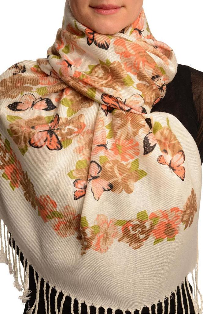 liss kiss Orange Butterflies & Flowers On White Pashmina Feel With Tassels - Scarf