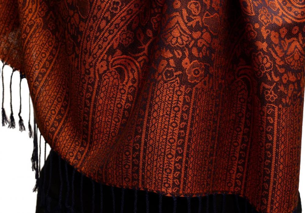 Liss Kiss Orange & Dark Blue Paisleys Pashmina Feel With Tassels - Scarf
