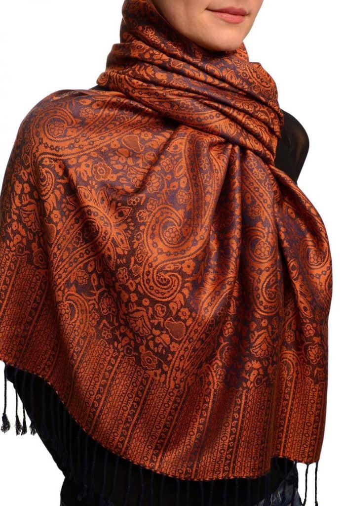 Liss Kiss Orange & Dark Blue Paisleys Pashmina Feel With Tassels - Scarf