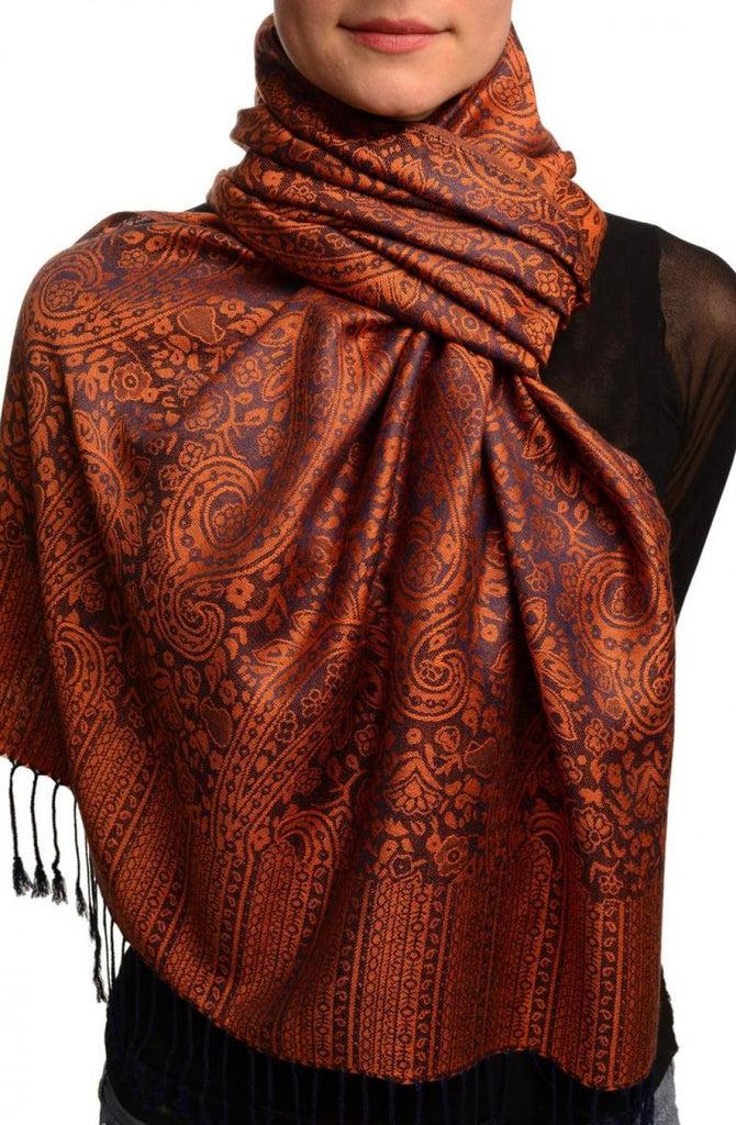 liss kiss Orange & Dark Blue Paisleys Pashmina Feel With Tassels - Scarf