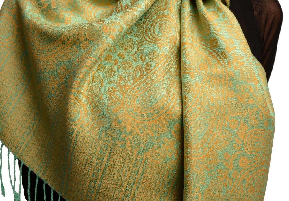 Liss Kiss Orange & Green Paisleys Pashmina Feel With Tassels - Scarf