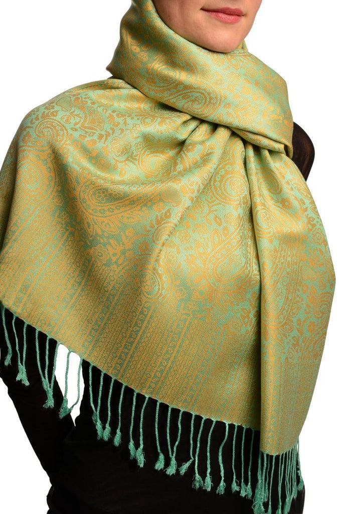 Liss Kiss Orange & Green Paisleys Pashmina Feel With Tassels - Scarf