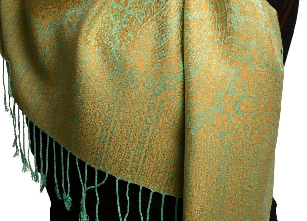 Liss Kiss Orange & Green Paisleys Pashmina Feel With Tassels - Scarf
