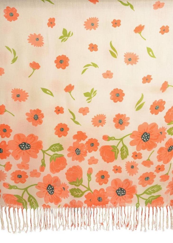Liss Kiss Orange Large Flowers On White Pashmina Feel With Tassels - Scarf