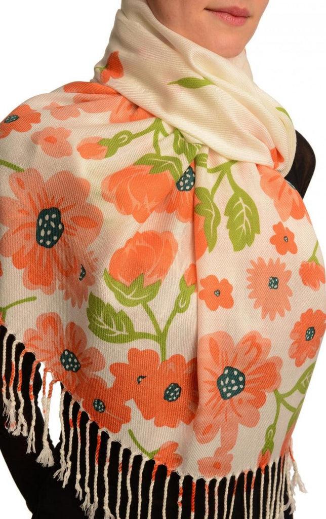 Liss Kiss Orange Large Flowers On White Pashmina Feel With Tassels - Scarf