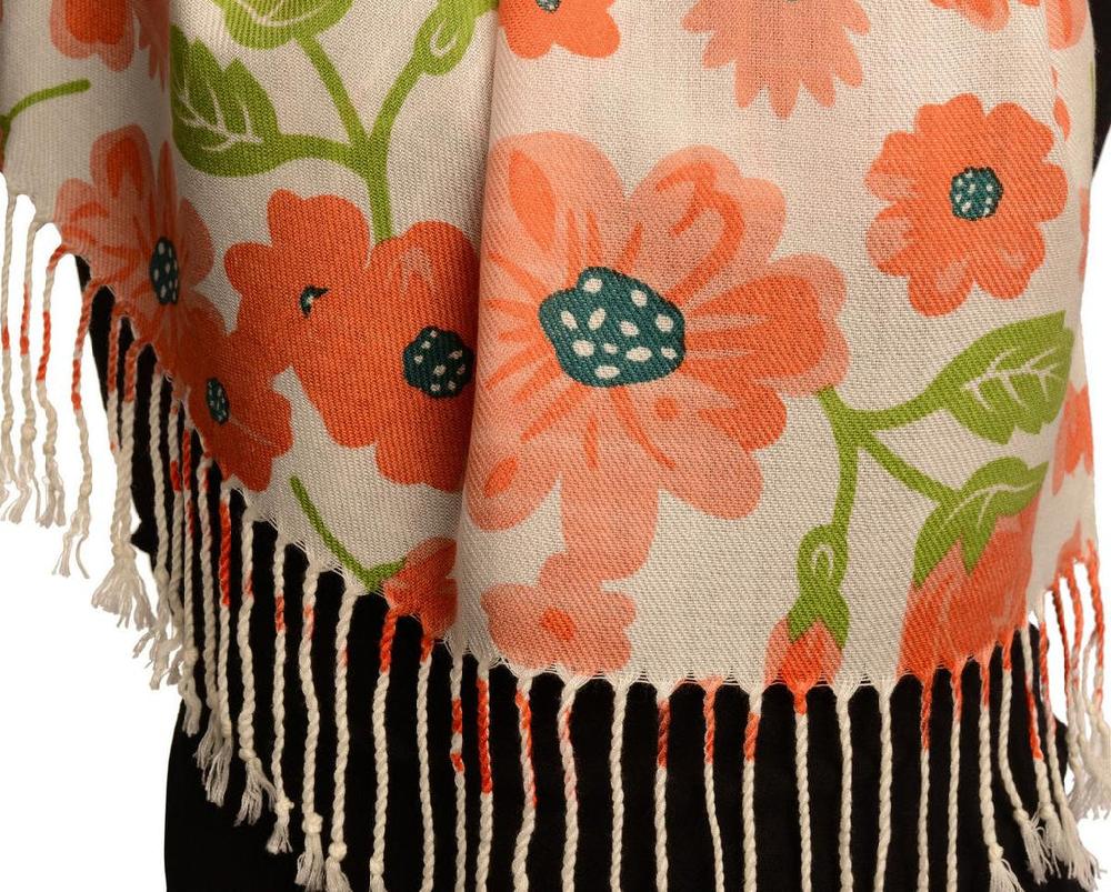 Liss Kiss Orange Large Flowers On White Pashmina Feel With Tassels - Scarf