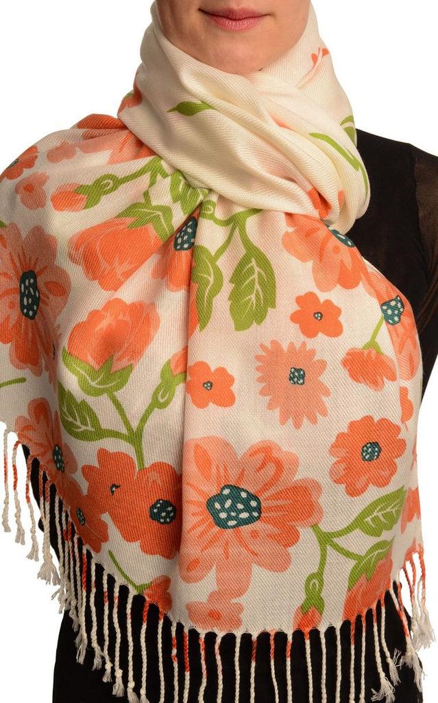liss kiss Orange Large Flowers On White Pashmina Feel With Tassels - Scarf
