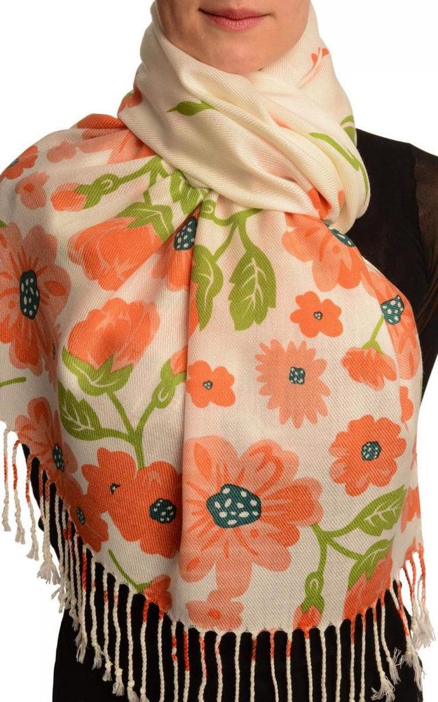 liss kiss Orange Large Flowers On White Pashmina Feel With Tassels - Scarf