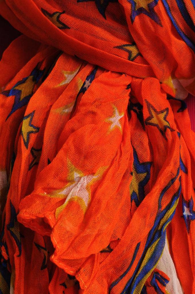 Liss Kiss Orange & Olive Green Stars On Orange Wrinkle & Creased Effect - Scarf