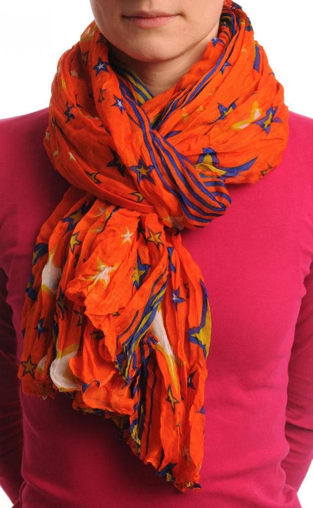 Liss Kiss Orange & Olive Green Stars On Orange Wrinkle & Creased Effect - Scarf