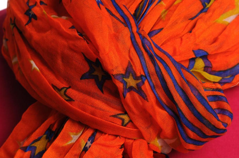 Liss Kiss Orange & Olive Green Stars On Orange Wrinkle & Creased Effect - Scarf