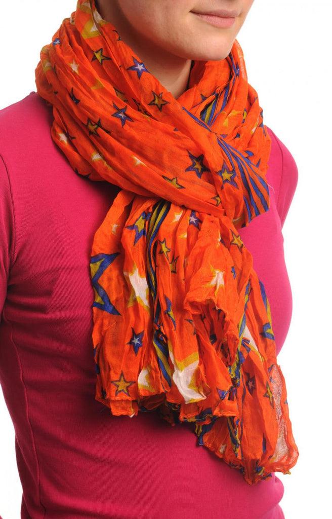 liss kiss Orange & Olive Green Stars On Orange Wrinkle & Creased Effect - Scarf