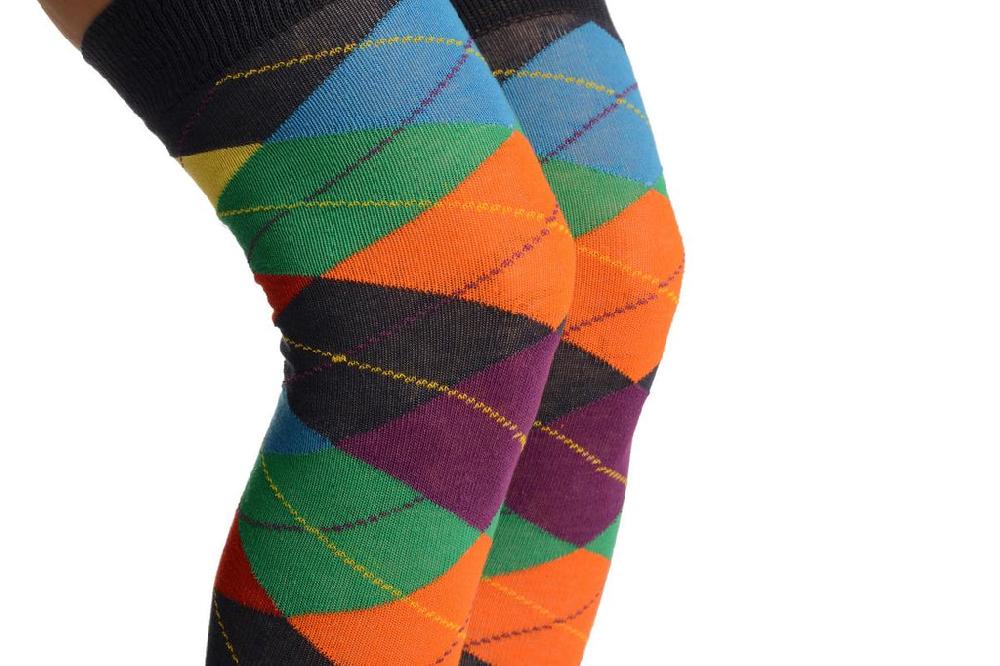Liss Kiss Orange Purple Green Red & Blue Argyle Over The Knee Socks - Over The Knee Socks