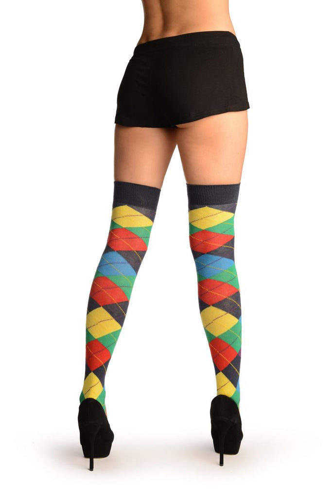 Liss Kiss Orange Purple Green Red & Blue Argyle Over The Knee Socks - Over The Knee Socks