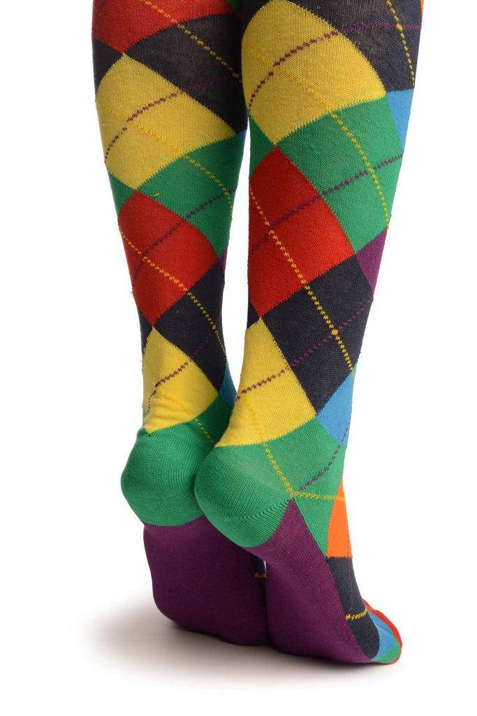 Liss Kiss Orange Purple Green Red & Blue Argyle Over The Knee Socks - Over The Knee Socks