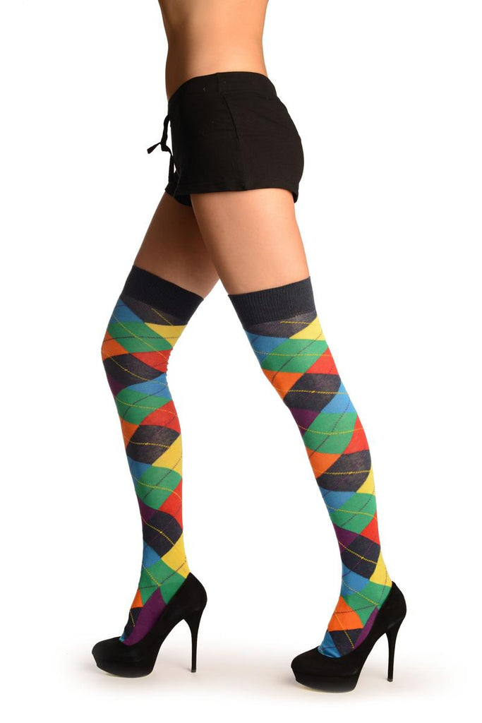 liss kiss Orange Purple Green Red & Blue Argyle Over The Knee Socks - Over The Knee Socks