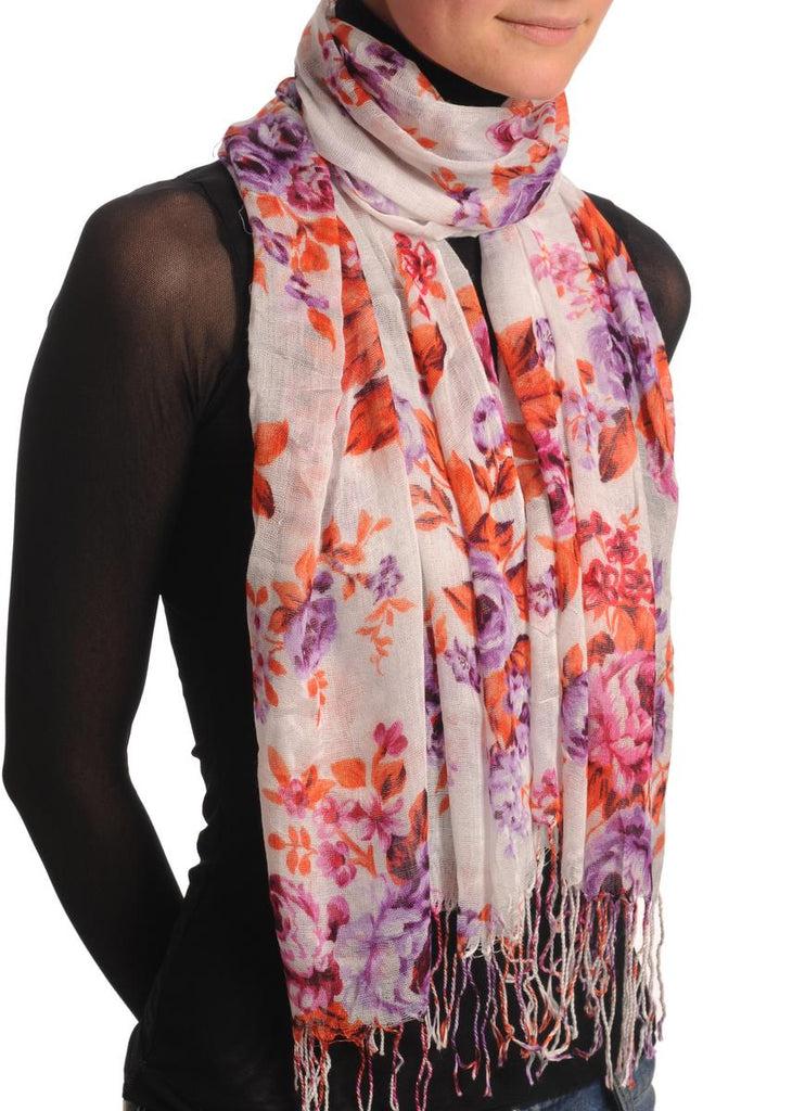 Liss Kiss Orange & Purple Roses On White With Tassels - Scarf