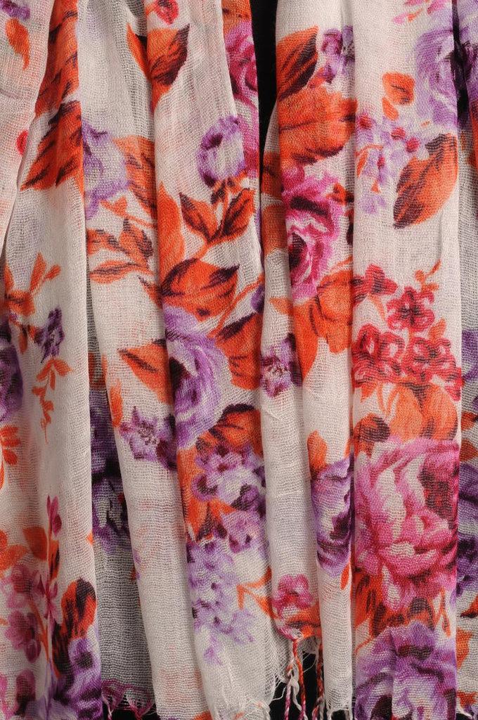 Liss Kiss Orange & Purple Roses On White With Tassels - Scarf